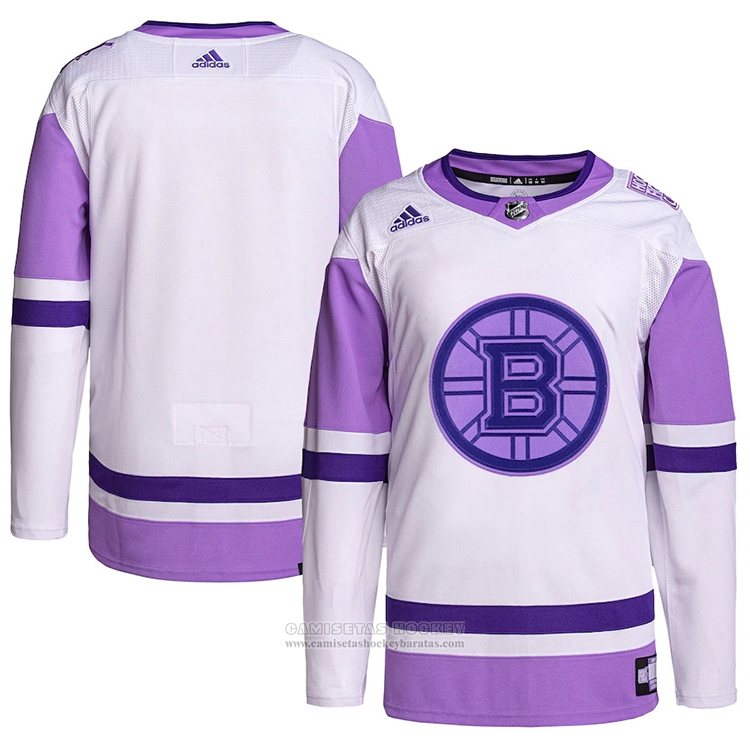 Camiseta Hockey Boston Bruins Fights Cancer Autentico Blank Practice Blanco Violeta